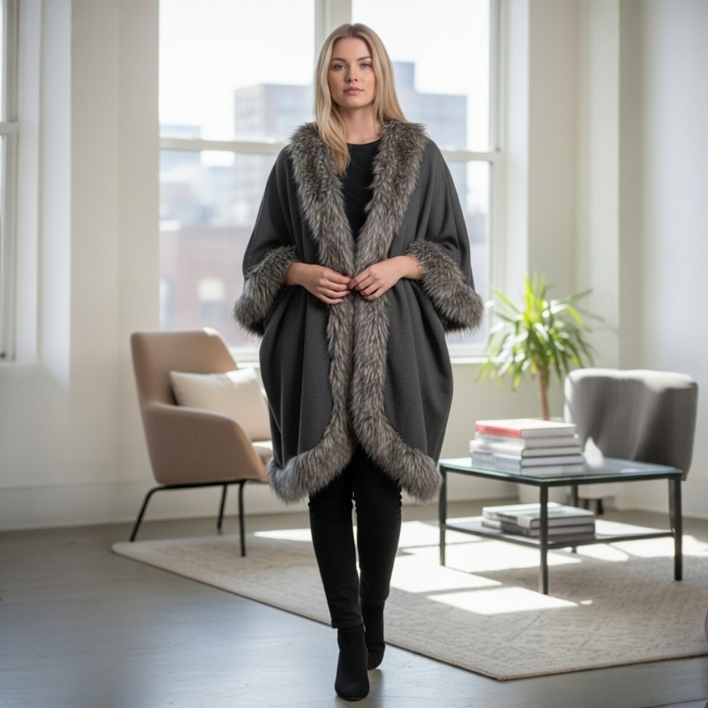Nwt GRAY A BY ADRIENNE LANDAU QUEENS KIMONO WITH FAUX FUR TRIM MEDIUM - Picture 1 of 13